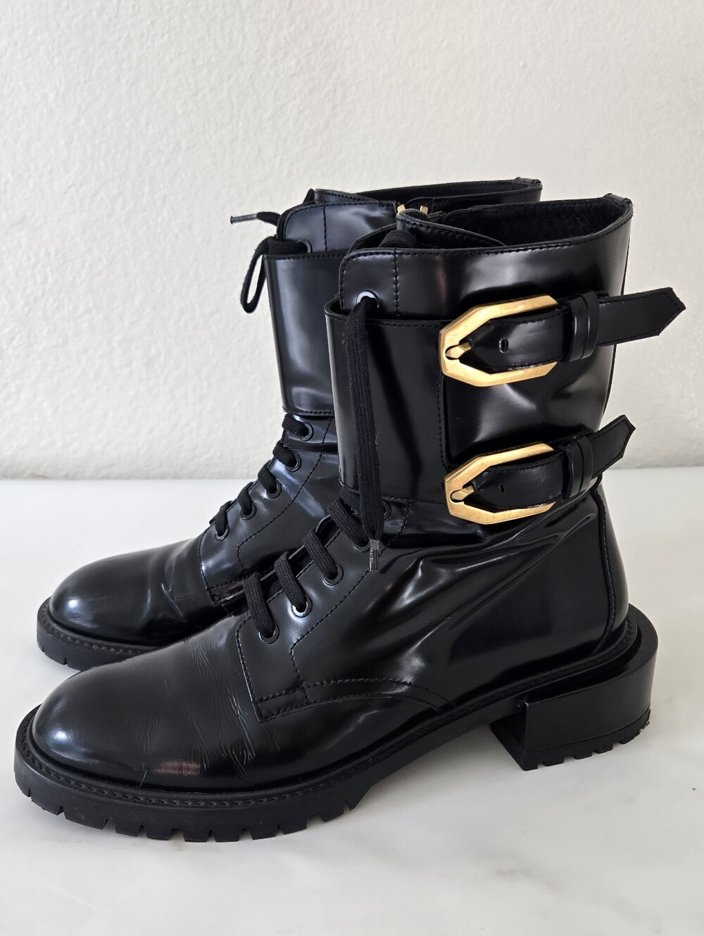 Frame Le Bedford Boot Nour Black  Glossy Leather Chunky‎ Lug Sole 39 Combat Moto